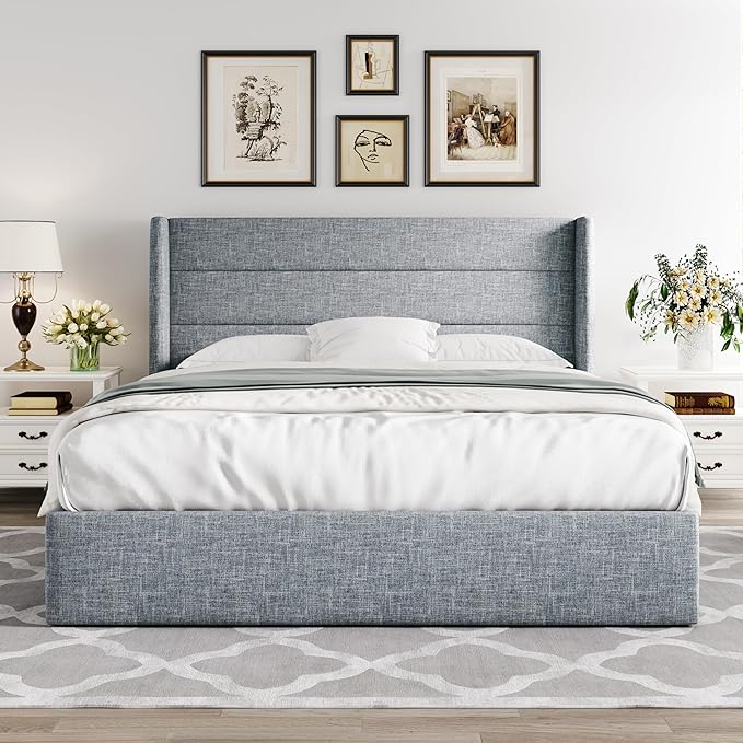 Allewie Queen Size Lift Up Storage Bed, Modern Wingback Headboard, Hydraulic Support, No Box Spring Needed, Grey Blue