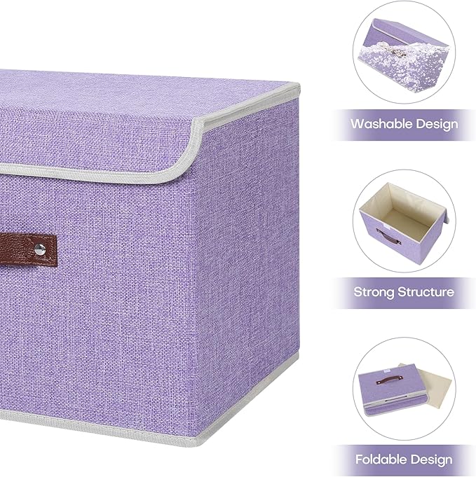 ANMINY Storage Bin with Lid Storage Boxes with PU Leather Handles PP Plastic Board Decorative Foldable Lidded Cotton Linen Fabric Home Cubes Baskets Closet Organizer Container - Purple, Large Size