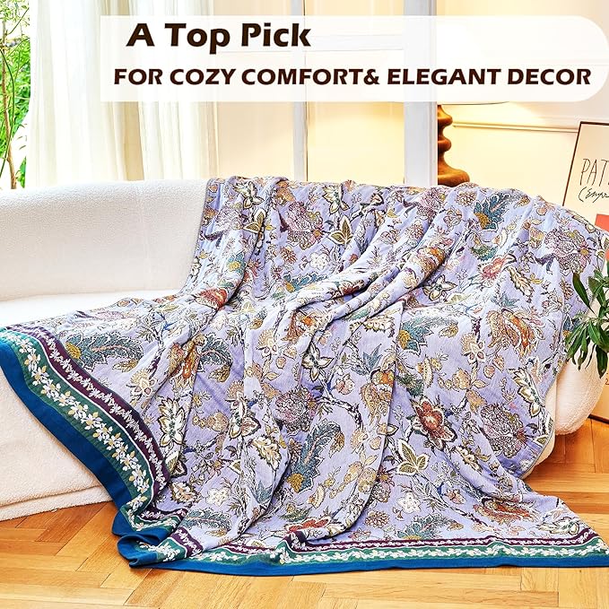 Boho Throw Blanket 80" x 90", 100% Organic Cotton Breathable Ultra Soft Bed Purple Quilt Throw - All Season Luxury Floral Farmhouse Decor Blanket for Sofa Couch Chair and Gift.