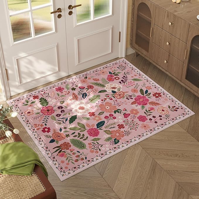 Door Mat Indoor Entrance 2x3 Rug Machine Washable Boho Floral Small Area Rug Non-Slip Low Pile Throw Rugs for Entryway, Kitchen, Front Door Indoor Entrance, Entry, Kids Room (Pink)