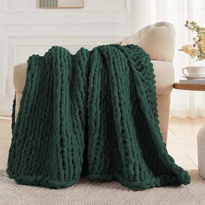 Carriediosa Chunky Knit Throw Blanket 60" X 80" Twin, 100% Hand Made Large Chenille Loop Yarn Soft Fluffy Throws for Couch Sofa Bed, Big Crochet Cozy Heavy Thick Cable Woven Blankets, Dark Green