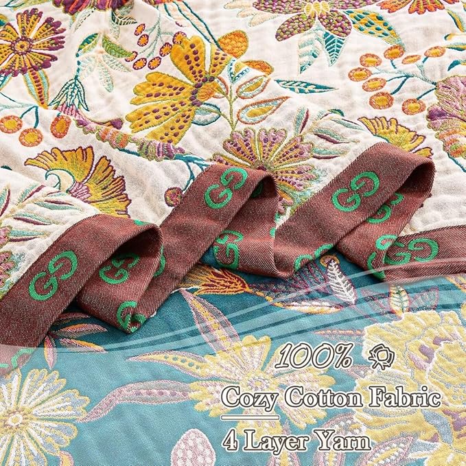 Boho Throw Blanket, 100% Cotton Ultra Soft Luxury Throw Rustic Quilt, 60"x80" Floral Printed Farmhouse Decor Bed Summer Blankets, All Season Rustic Reversible Bohemian Throw for Bed - White