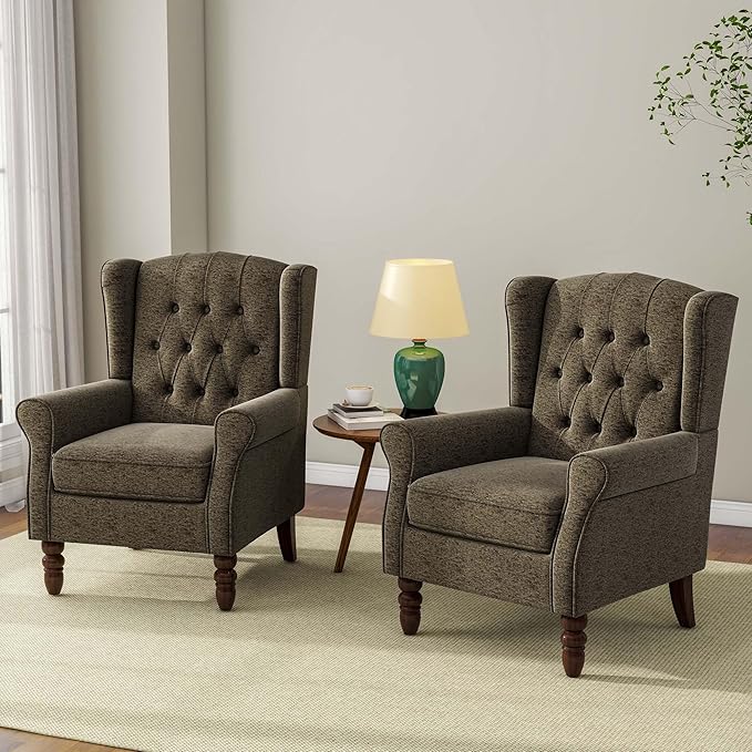 Accent Chair, Upholstered Armchair with Button Tufted High Back & Solid Wood Legs, Comfy Wingback Reading Single Sofa Chair for Small Spaces, Living Room, Bedroom (Taupe, Set of 1)