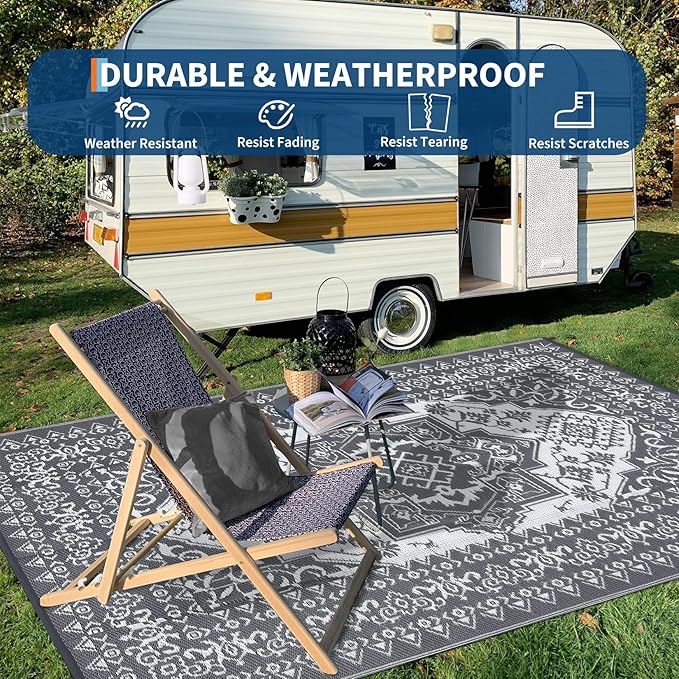 GAOMON Outdoor Patio Rug 9x12 Waterproof Reversible Plastic Straw Rug, Large UV-Resistant Portable RV Camping Mats, Indoor Outdoor Rugs for Outside Deck Porch Garden RV, Gray & White