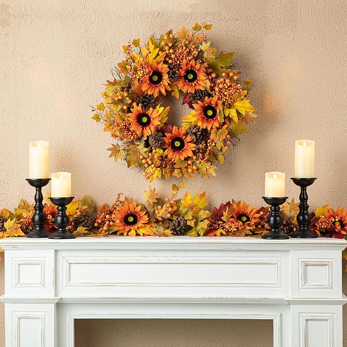 Glitzhome 24'' Fall Wreath for Front Door Decor, Artificial Autumn Orange Wreath with Sunflower, Maple Leaf and Berry Ornament for Wall Fireplace Farmhouse Thanksgiving Day Harvest Festival Decor