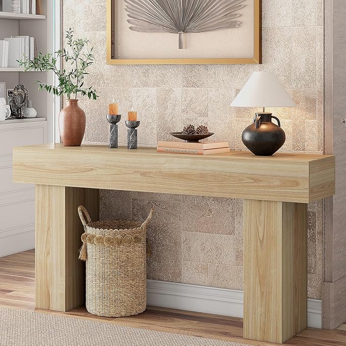63 Inch Long Console Table for Entryway, Farmhouse Wood Rectangular Sofa Table Behind Couch Table, Narrow Entryway Table for Living Room, Entrance, Hallway, Foyer, Easy Assembly (Natural)