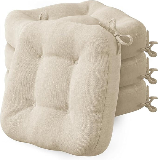 Codi Dining Chair Cushions 4 Pack, Thick Chairs Pads for Indoor Kitchen Room - Washable, Non-Slip Seat Cushion with Ties, 16.5"x16.5"x 3.5", Set of 4, Beige