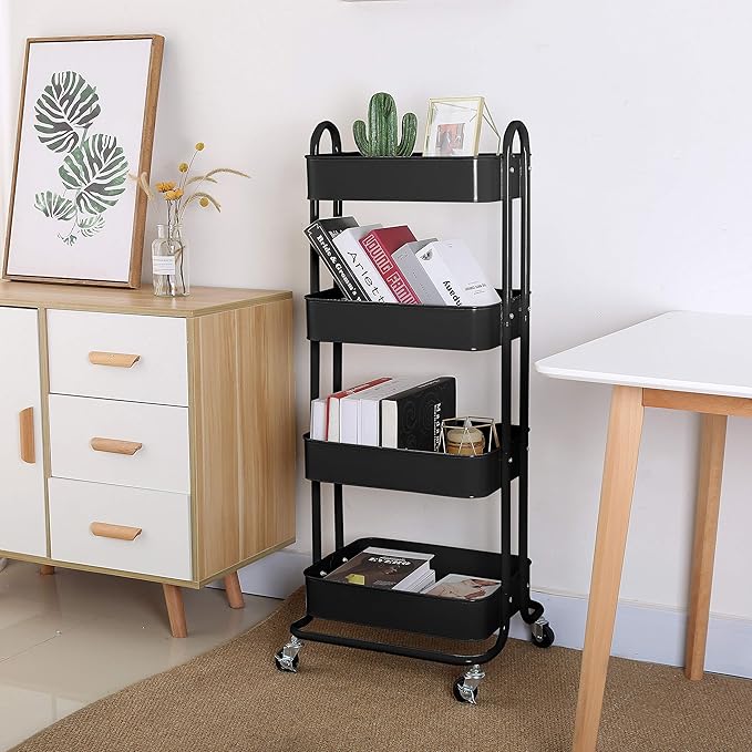 4-Tier Metal Mesh Utility Rolling Cart Storage Organizer Shelf Rack with Lockable Wheels for Living Room Kitchen Office, Black