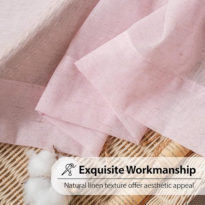 FMFUNCTEX Linen Sheer Curtains for Bedroom, Pink Curtains 96 inches Long for Living Room, Blush Pink Farmhouse French Flax Blend Window Draperies, Rod Pocket 2 Panels Set
