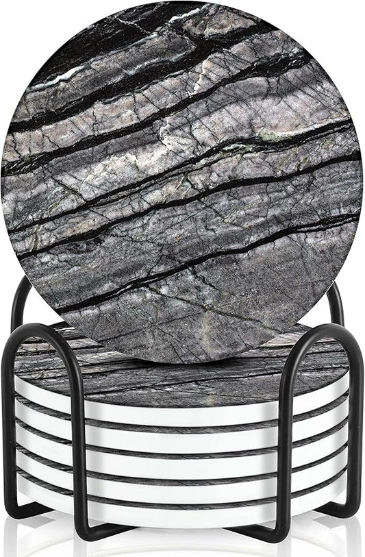 Emerson Coasters for Drinks Absorbent – Natural Stone Drink Coasters Set with Holder, Coasters for Coffee Table, Wooden Tabletop Protection Marble Style – 100% Heavy Duty Set of 6 (Obsidian)