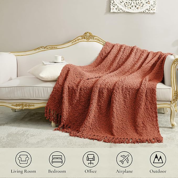 Amélie Home Knit Throw Blanket with Tassels for Couch, Luxury Boho Throw Blanket for Summer Orange, 50"x60"