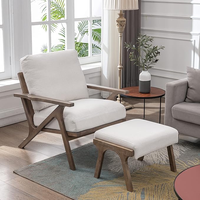 chairus Mid-Century Modern Accent Chair with Ottoman, Linen Fabric Armchair with Wood Legs Comfy Upholstered Single Sofa Chair for Living Room/Bedroom/Lounge, White