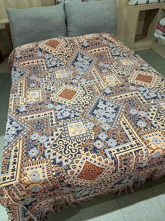 Boho Throw Blanket for Bed 80”x90”, 100% Cotton Woven Blanket for Couch Sofa, Ultra Soft 4-Layer Muslin Quilt with Diamond Pattern, Farmhouse Bed Blanket/Cover for Living Room Decor