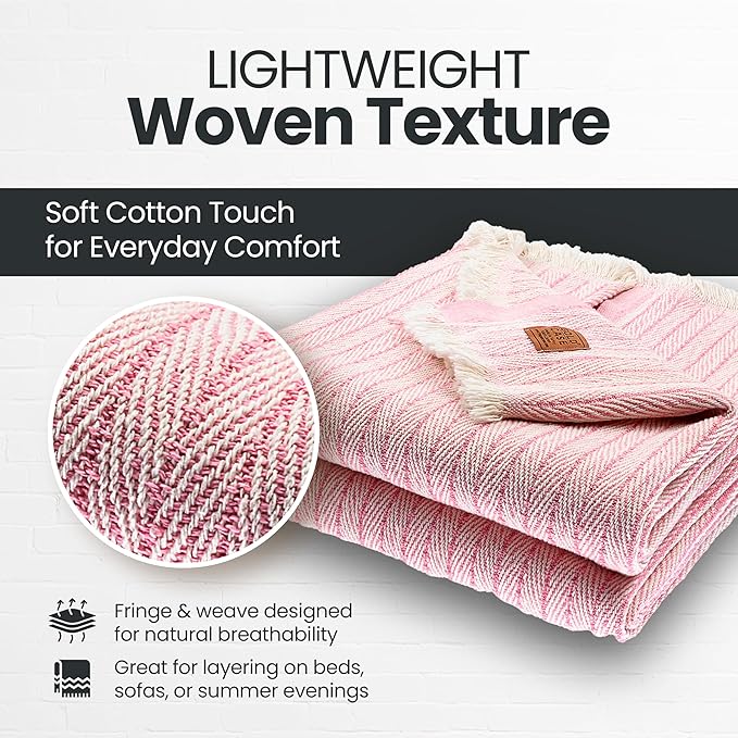 Gold Case Throw Blanket for Couch – 100% Recycled Turkish Cotton Blankets & Throws – Elegant Decorative Throw Blankets for Living Room Sofa – Woven Throws for Couch – Vintage Pink – 50x60 (Set of 2)