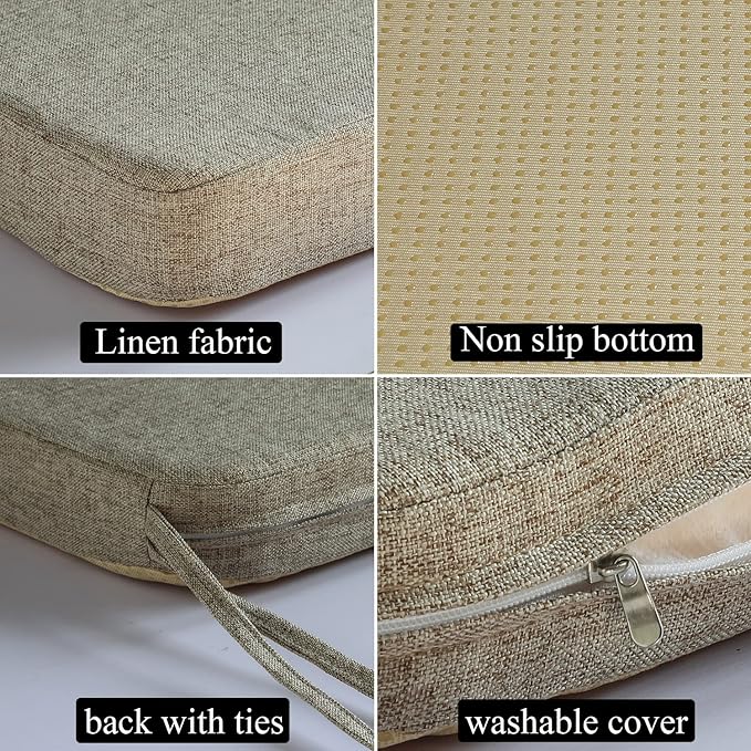 Chair Cushion for Dining Chairs with Ties Non Slip Memory Foam Kitchen Room Chair Pads for Outdoor Patio Furniture 4 Pack, Khaki