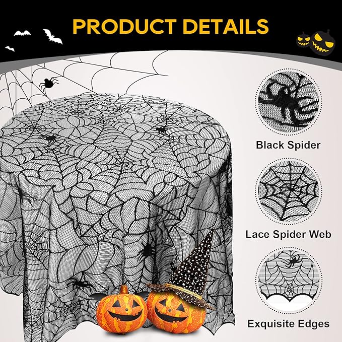 eZAKKA Round Halloween Tablecloth, 70 Inch Spider Webs Tablecloths Black Tablecloth Lace Fabric Table Cloths Spooky Table Cover for Parties Gothic Halloween Home Decorations