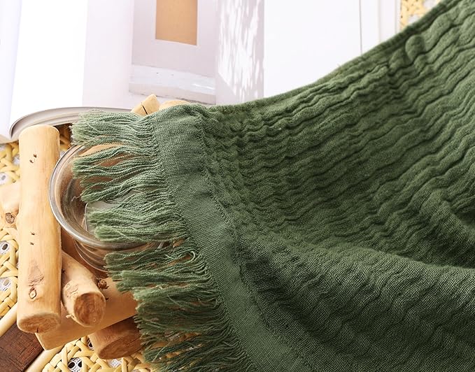 100% Cotton Muslin Throw Blanket for Bed, Couch, Small, Decorative, Soft, Pre-Washed, Breathable and Lightweight Gauze Blanket with Tassels, Suitable for All Seasons, Olive Green, 50"x60"