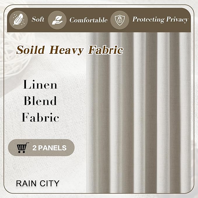 2 PCs Extra Wide Linen Blackout Curtains 102 Inches Long,Back Tab Pleaetd Drapes with Hooks Track System Curtain Panels Room Divider Curtains for Patio Sliding Door Living Room 70 x 102 Natural Birch