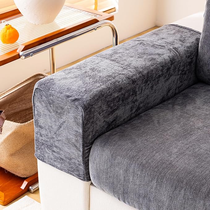 Chenille Sofa Armrest Covers, Soft Stretch Non-Slip Couch Arm Covers for Sofa, Chair or L Shaped Sectional, Furniture Protector (2 Pieces, Dark Grey)