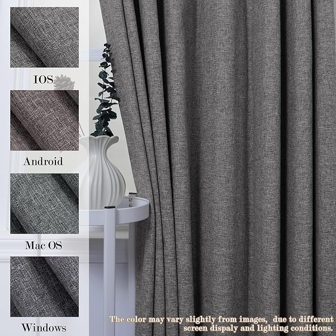 70" W x 108" L Faux Linen Room Divider Curtains, Full Blackout Pinch Pleated Drapes for Traverse Rod, Bedroom Divider Privacy Drapery with Hooks for Ceiling Track, 1 Panel, Natural Grey