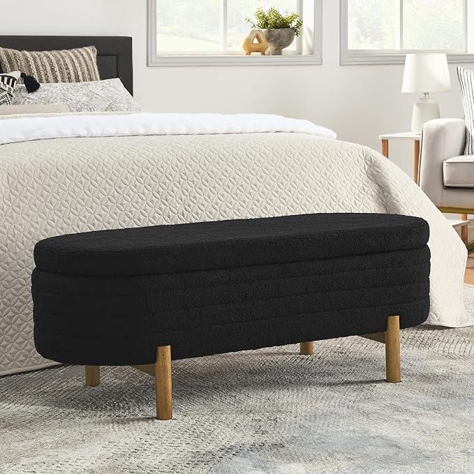 Furniliving 46” Storage Benches, End of Bed Bench with Button-Tufted Large Upholstered Storage Ottoman Teddy Window Bench with Storage Shoe Cabinet Bench, for Bedroom, Entryway, Closet, Black