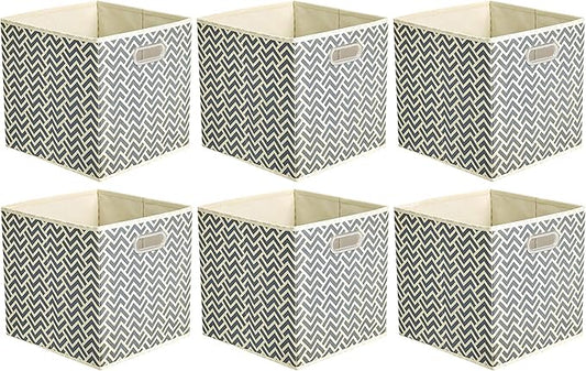 Amazon Basics Collapsible Cube Storage Organizer Bins, 6-Pack, 10.5 x 10.5 x 11 inches, Chevron Grey