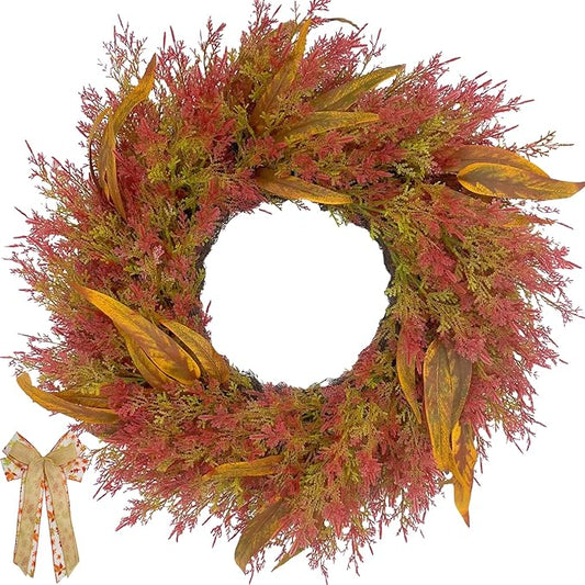 CYANBLOOM Front-Door Cedar Fall Wreaths: 24 Inch Large Wreath with Burlap Bow - Weatherproof Outdoor Porch Decor - Ideal Stress Relief Rustic Greenery for Autumn Holiday (Thanksgiving/Halloween 2025)