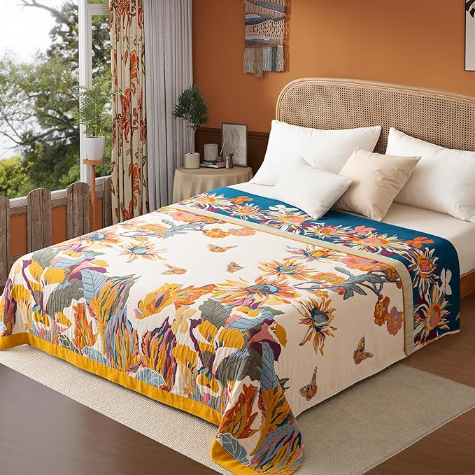 Boho Throw Blanket Full Size, Extra Large Soft Cozy Cotton Muslin Quilt Blanket for Bed Decor, Floral Patterned Couch Sofa Chair Cover, Vintage Farmhouse Cottage Woven Blanket, Yellow&Blue