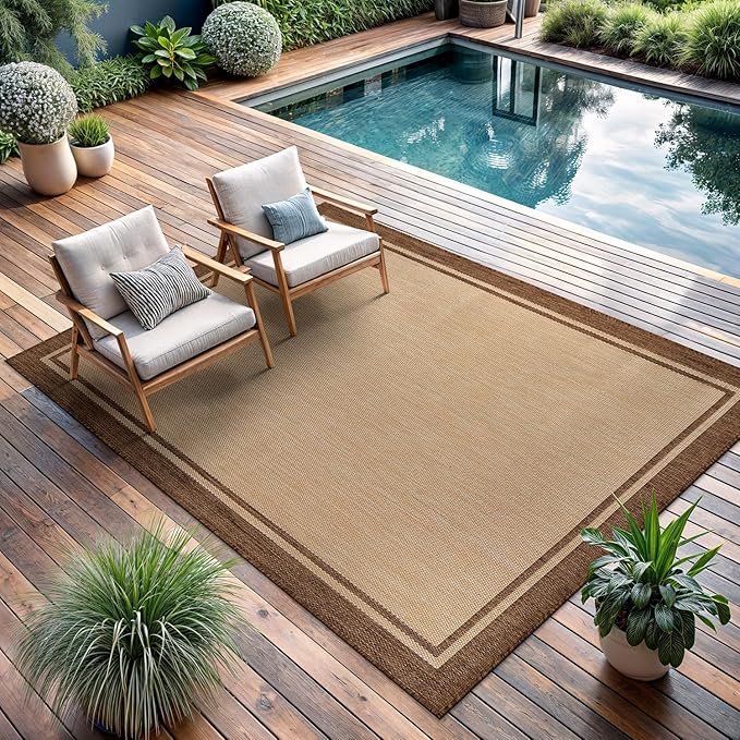 CAMILSON Outdoor Rug 5x7 Bordered Natural Brown Modern Area Rugs for Indoor and Outdoor Patios, Kitchen and Hallway Mats, Washable Porch Deck Outside Carpet (Border Jute, 5 x 7)