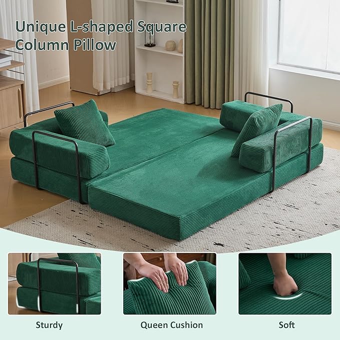 Convertible Sleeper Sofa Bed, Compression Folding Sofa with Pillow, No Assembly Required, Shape Frame, Floor Sofas Lounge Couch for Living Room, Bedroom, Small Spaces(Corduroy, 77''W, Dark Green)