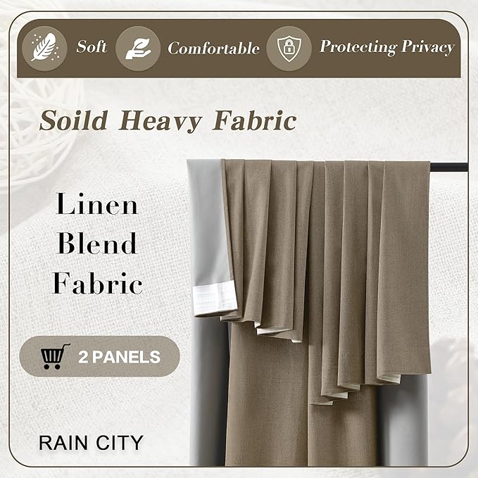 70 Inch Wide Blackout Curtains 2 Panels Set,Back Tab Pleated Curtains Hidden Tab with Hooks,Energy Efficinet Linen Blend Drapes for Dining Room Living Room Hoom Office 70x84 Length Linen Brown