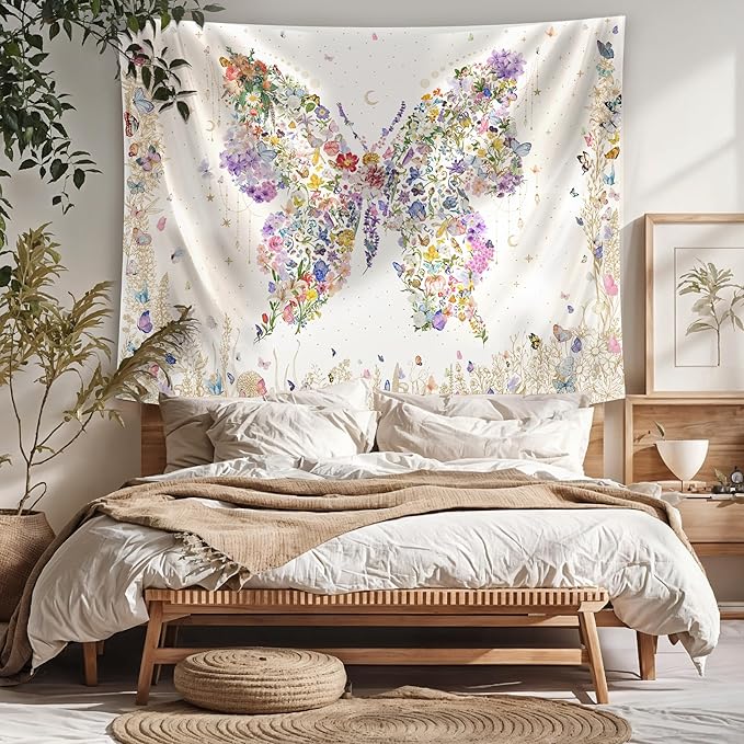 Damanse Butterfly Tapestry Wall Hanging Cute,Boho Wall Tapestry for Bedroom Aesthetic,Flower Living Room Decor for Teen Girls (White, 59.80" x 78.70")