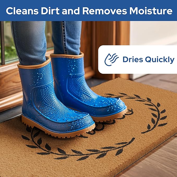 Barnyard Designs Natural Coco Coir Heavy Duty Backing Doormat - Large Cute Non-Slip Front Door Welcome Mat for Outside Entrance or Porch Entry, Brown (17x30, Hello Wreath)