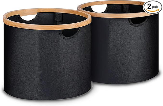 efluky Storage Baskets for Organizing, Fabric Storage Bins with Bamboo Handles, Collapsible Storage Baskets for Shelves and Closet,Medium, Black Set of 2