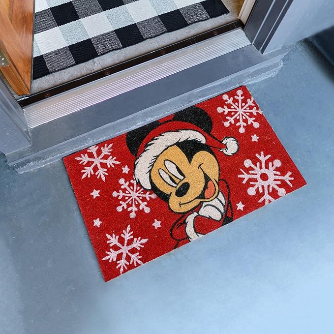 Gertmenian Disney Mouse Doormat Rug Retro Front Door Coir Mat Welcome Home Indoor Outdoor Entryway Carpet, 2-Pack 20x34, Mickey Happy Holidays/Snowflakes