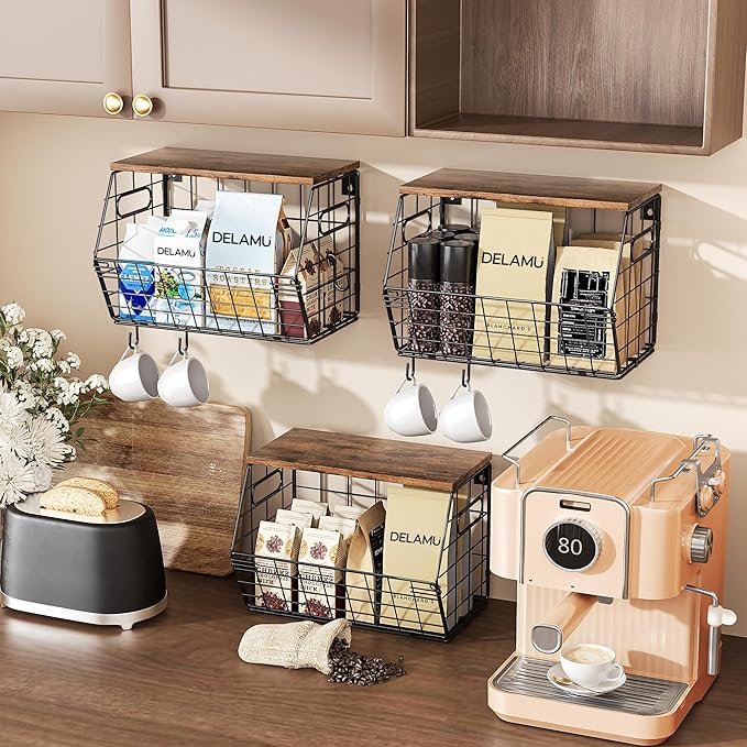 Delamu 3 Pack Stackable Metal Fruit Basket with Wood Lid-Wall Mounted&Countertop Organizer for Kitchen,Pantry- Ventilated Storage for Onions,Potatoes,Fruits,Spices,Black