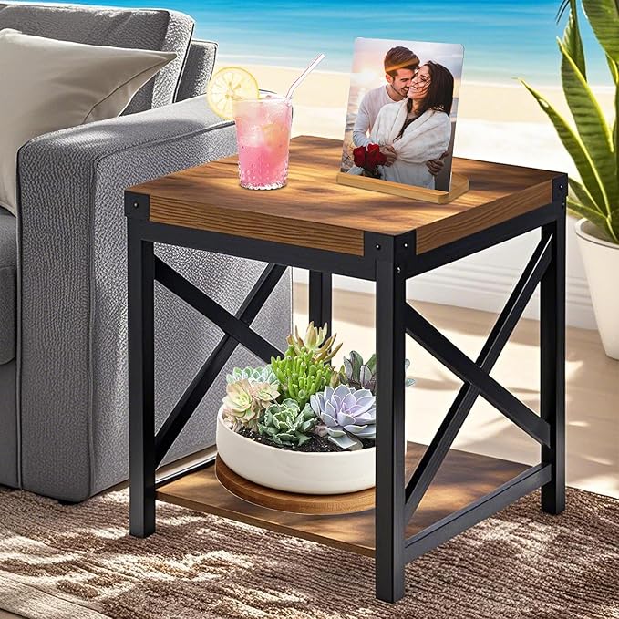 End Table Large Side Table for Living Room, Rustic Farmhouse End Tables with 2-Tier Storage, Square Nightstand Bedside Table X-Design Metal Frame, Brown (Wind, Brown)