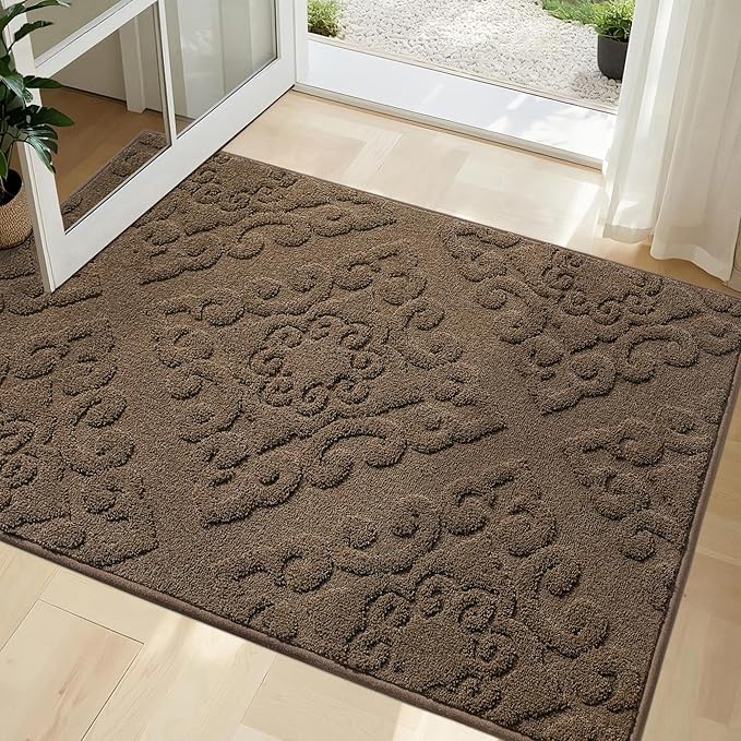 COSY HOMEER-Door-Mat-Non-Slip-Entryway-Rug 32”x48” Absorbent Welcome Mats Washable Dirt Trapper Door Mat Entrance Floor Mats for Front Back Doormats and Wet Shoes,Brown