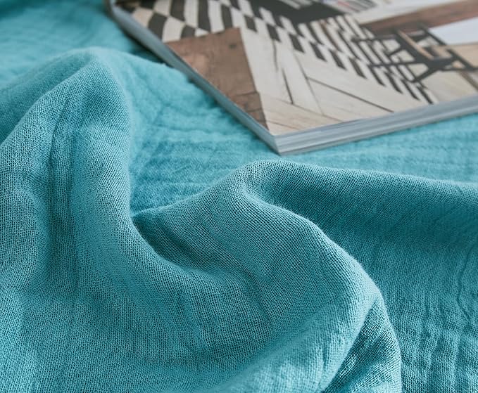 100% Cotton Muslin Throw Blanket for Bed, Couch, Small, Decorative, Soft, Pre-Washed, Breathable and Lightweight Gauze Blanket with Fringes, Suitable for All Seasons, Teal, 50"x60"