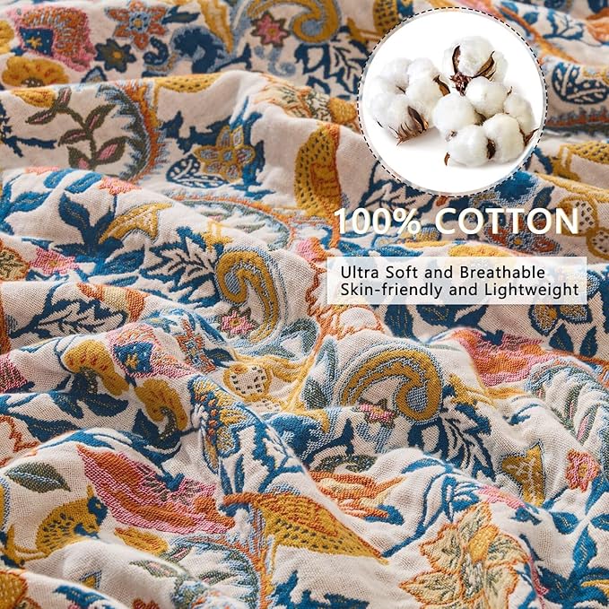 Boho Throw Blanket for Bed Couch 100% Cotton Woven Bed Throws for Summer, Lightweight and Soft Cozy Farmhouse Reversible Muslin Decorative Blanket for Travel Picnic, Teal/Cream, 80"x90"