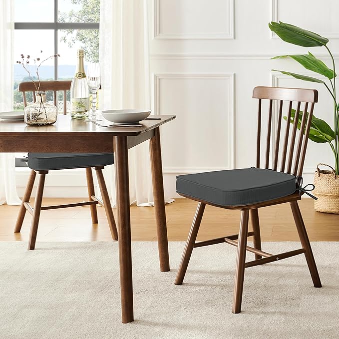 downluxe Chair Cushions for Dining Chairs, Waterproof Kitchen Chair Pads, Non-Slip Dining Seat Cushion with Ties, 17" x 16" x 2.5", Dark Grey, 6 Pack