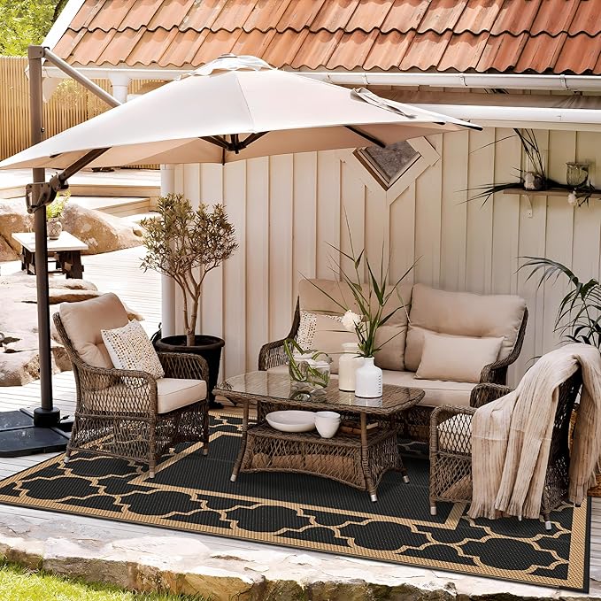 GENIMO Outdoor Rug 8' x 10' Patio Waterproof, Foldable Reversible Plastic Straw Area Rugs Mat for Camper Decor, Outside Carpet for Rv, Deck, Porch, Picnic, Beach, Balcony, Black & Brown