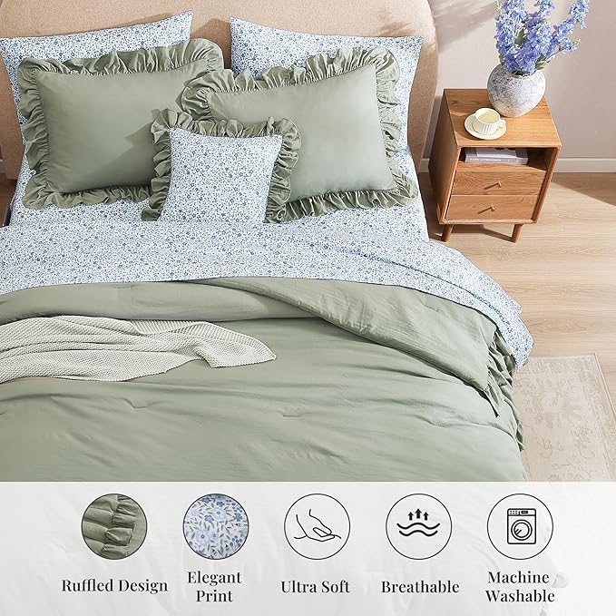 Full Comforter Set - 7 Pieces Ruffle Sage Green Bedding Sets, Shabby Chic Farmhouse Bed in a Bag Full with Ruffle Comforter, Floral Sheets, Pillowcases & Shams