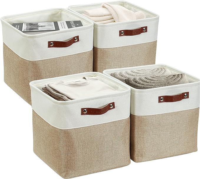 DECOMOMO Storage Cubes, 11x11 Cube Storage Bins, Baskets for Shelves (Beige & White, Cube 11" - 4 Pack)