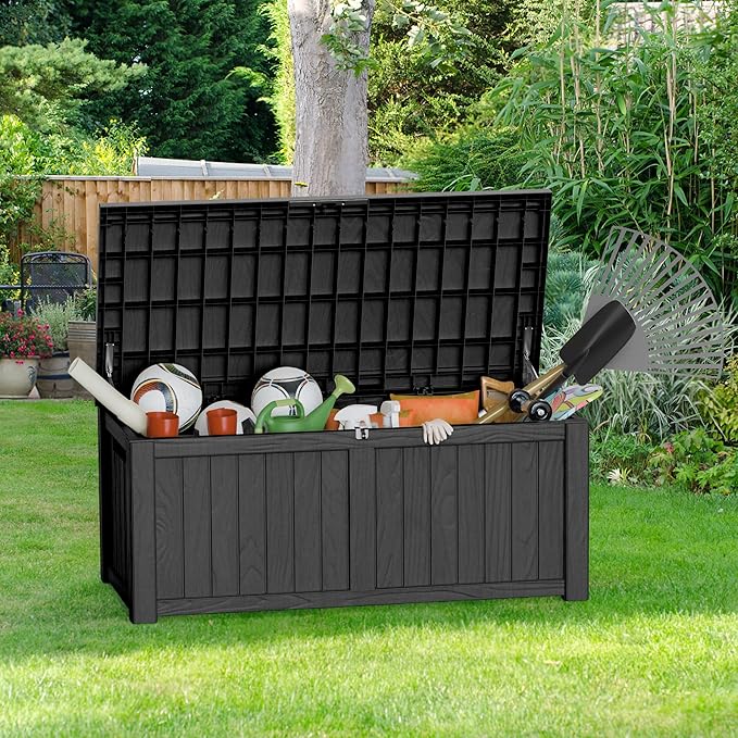 120 Gallon Patio Storage Box, Large Outside Storage Bin for Patio Furniture Covers, Cushion Pillows, Waterproof Outdoor Storage Bench for Towels, Garden Tools and Pool Accessories, Black