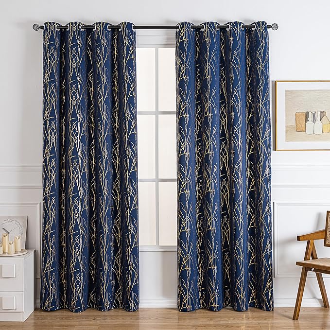 Grommets Blackout Long Window Curtains Navy Blue Gold-52W*108L 2PCS Drapes for Bedroom