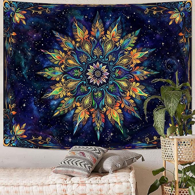 Fowocu Boho Floral Mandala Tapestry for Bedroom Aesthetic Blue Bohemian Colorful Flower Wall Tapestry Purple Hippie Indian Small Tapestries Wall Hanging for Living Room Dorm Decor 48 x 36 Inch