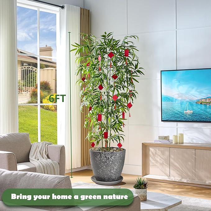 Artificial Bamboo Tree 6FT Tall Fake Plants Faux Silk Plant, Faux Bamboo Plant for Home Office Indoor Outdoor Decor Artificial Trees with Tall Planter