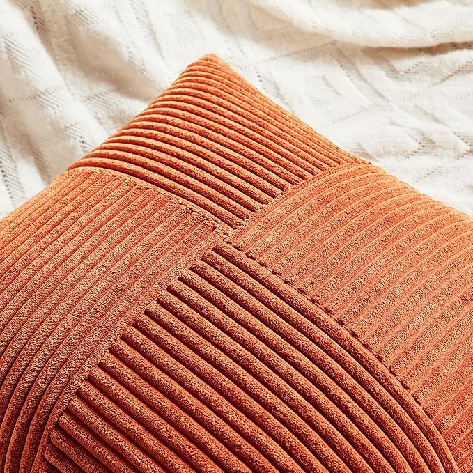 Fancy Homi Set of 2 Burnt Orange Decorative Throw Pillow Covers 28x28 Inch for Living Room Couch Bed, Boho Farmhouse Fall Home Decor, Soft Corss Corduroy Patchwork Textured Cushion Case 71x71 cm