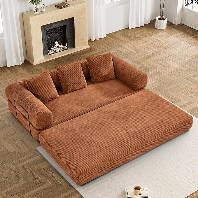 Convertible Sleeper Sofa Bed with Pillow, 4-in-1 Corduroy Folding Mattress Couch with Fixed-Shape Frame, Futon Fold Out Floor Sofa Cama Lounge Couch for Living Room Bedroom, Orange